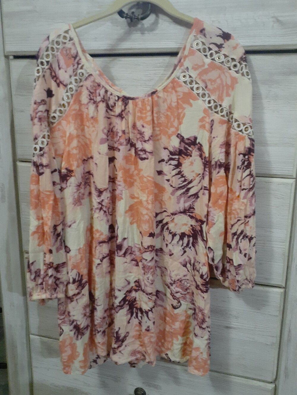 Roaman's Peach and Mauve Floral Tunic with Eyelet Trim